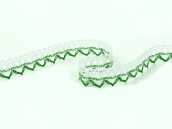Cotton bobbin lace 75087, width 19 mm, white/grass green - 1