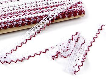 Cotton bobbin lace 75087, width 19 mm, white merc./cranberry - 1
