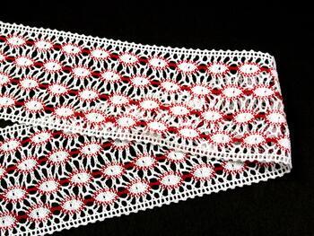 Cotton bobbin lace insert 75117, width 80 mm, white/light red - 1