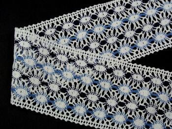 Cotton bobbin lace insert 75117, width 80 mm, white/light blue/dark blue - 1