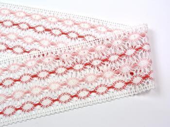 Cotton bobbin lace insert 75117, width 80 mm, white/rose/pink - 1