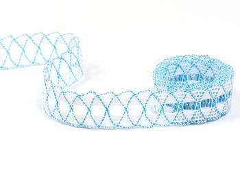 Cotton bobbin lace 75169, width 20 mm, white/turquoise - 1