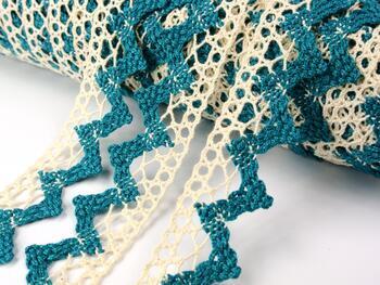 Cotton bobbin lace 75220, width 33 mm, ecru/aquamarine - 1