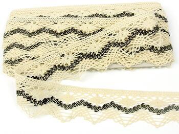 Cotton bobbin lace 75251, width 50 mm, cream/dark brown - 1
