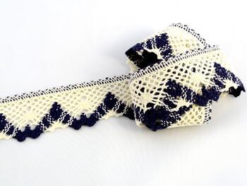 Cotton bobbin lace 75261, width 40 mm, ecru/blue