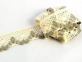 Cotton bobbin lace 75261, width 40 mm, ecru/dark linen gray