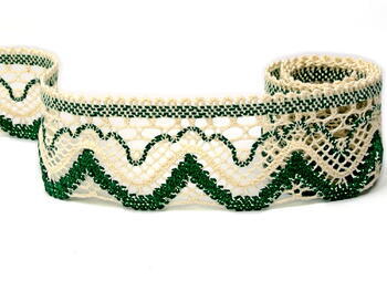 Cotton bobbin lace 75301, width 58 mm, ecru/dark green - 1
