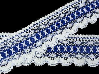 Cotton bobbin lace 75335, width 75 mm, white/royal blue - 1
