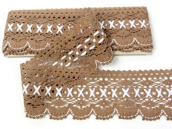 Cotton bobbin lace 75335, width 75 mm, dark beige/white - 1
