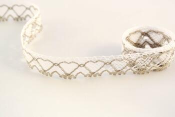 Cotton bobbin lace 75133, width 19 mm, white merc./dark linen gray