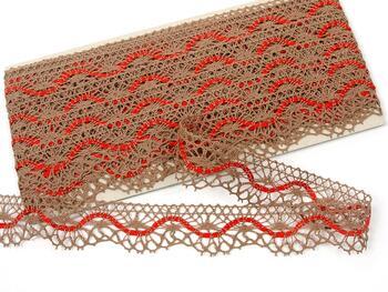 Cotton bobbin lace 75416, width 27 mm, dark beige/red - 1