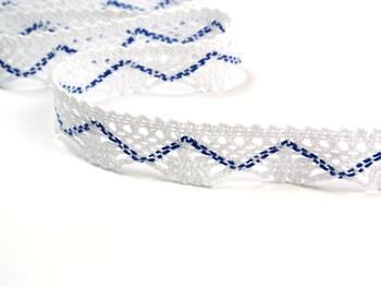 Cotton bobbin lace 75423, width 26 mm, white/royal blue - 1