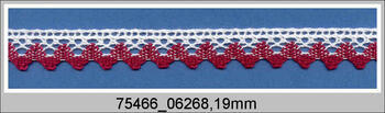 Cotton bobbin lace 75466, width 19 mm, white/cranberry