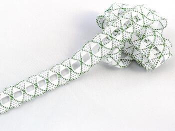 Cotton bobbin lace 75169, width 20 mm, white/grass green - 1
