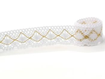 Cotton bobbin lace 82231, width 32 mm, white/Lurex gold - 1