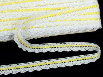 Cotton bobbin lace 73009, width 18 mm, white/yellow ribbon - 2