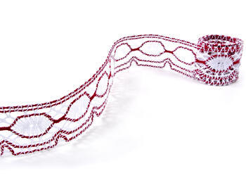Cotton bobbin lace 75032, width 45 mm, white/cranberry - 2