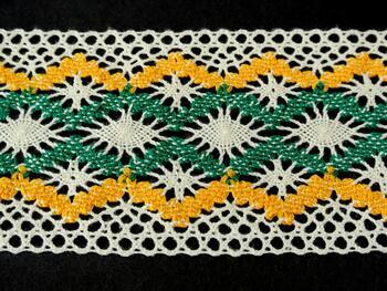 Cotton bobbin lace insert 75036, width 100 mm, ecru/yellow/green - 2