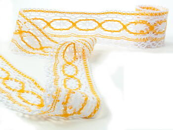 Cotton bobbin lace 75037, width 57 mm, white/dark yellow - 2