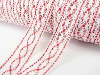 Cotton bobbin lace insert 75038, width 52 mm, white/light red - 2