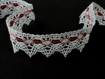 Cotton bobbin lace 75041, width 40 mm, white/light red/Lurex gold - 2