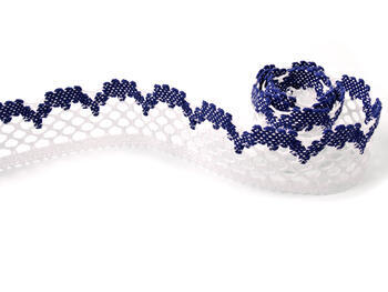 Cotton bobbin lace 75067, width 47 mm, white/dark blue - 2