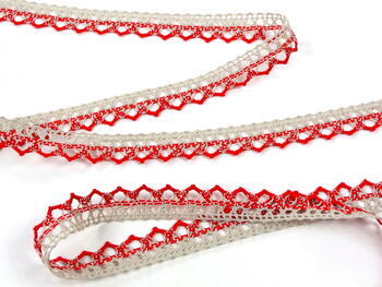 Cotton bobbin lace 75087, width 19 mm, light linen gray/light red - 2