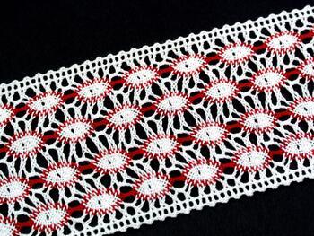 Cotton bobbin lace insert 75117, width 80 mm, white/light red - 2