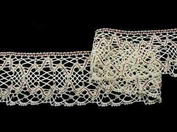 Cotton bobbin lace 75127, width 120 mm, ecru/dark green/light red - 2