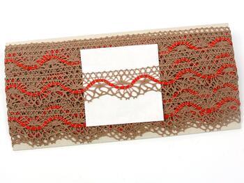 Cotton bobbin lace 75416, width 27 mm, dark beige/red - 2