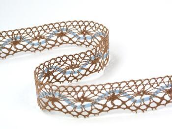 Cotton bobbin lace 75416, width 27 mm, dark beige/light blue - 2