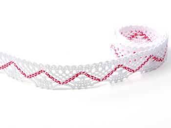 Cotton bobbin lace 75423, width 26 mm, white/fuchsia - 2