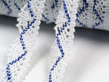 Cotton bobbin lace 75423, width 26 mm, white/royal blue - 2