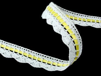 Cotton bobbin lace 73009, width 18 mm, white/yellow ribbon - 3