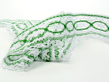 Cotton bobbin lace 75037, width 57 mm, white/grass green - 3