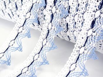 Cotton bobbin lace 75041, width 40 mm, white/sky blue/dark blue - 3