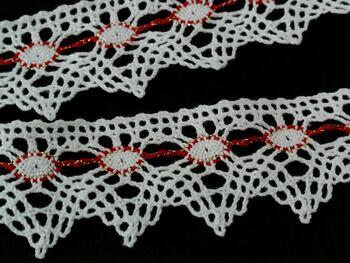 Cotton bobbin lace 75041, width 40 mm, white/light red/Lurex gold - 3