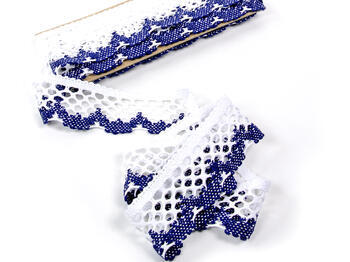 Cotton bobbin lace 75067, width 47 mm, white/dark blue - 3