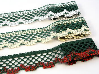 Cotton bobbin lace 75067, width 47 mm, dark green/red/light green - 3