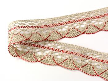 Cotton bobbin lace 75077, width 32 mm, light linen gray/light red - 3
