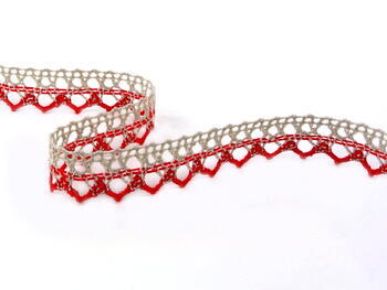 Cotton bobbin lace 75087, width 19 mm, light linen gray/light red - 3