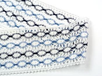 Cotton bobbin lace insert 75117, width 80 mm, white/light blue/dark blue - 3