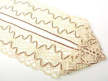 Cotton bobbin lace 75127, width 120 mm, ecru/dark green/light red - 3