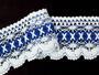 Cotton bobbin lace 75335, width 75 mm, white/royal blue - 3/4