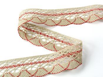 Cotton bobbin lace 75077, width 32 mm, light linen gray/light red - 4
