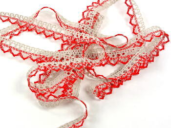 Cotton bobbin lace 75087, width 19 mm, light linen gray/light red - 4