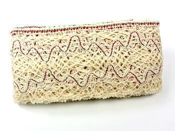Cotton bobbin lace 75127, width 120 mm, ecru/dark green/light red - 4