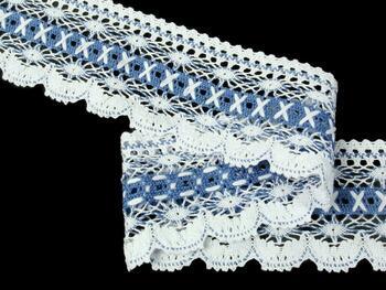 Cotton bobbin lace 75335, width 75 mm, white/sky blue - 4