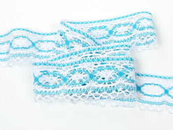 Cotton bobbin lace 75037, width 57 mm, white/turquoise - 5