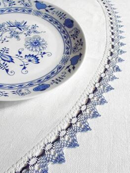 Cotton bobbin lace 75041, width 40 mm, white/sky blue/dark blue - 5
